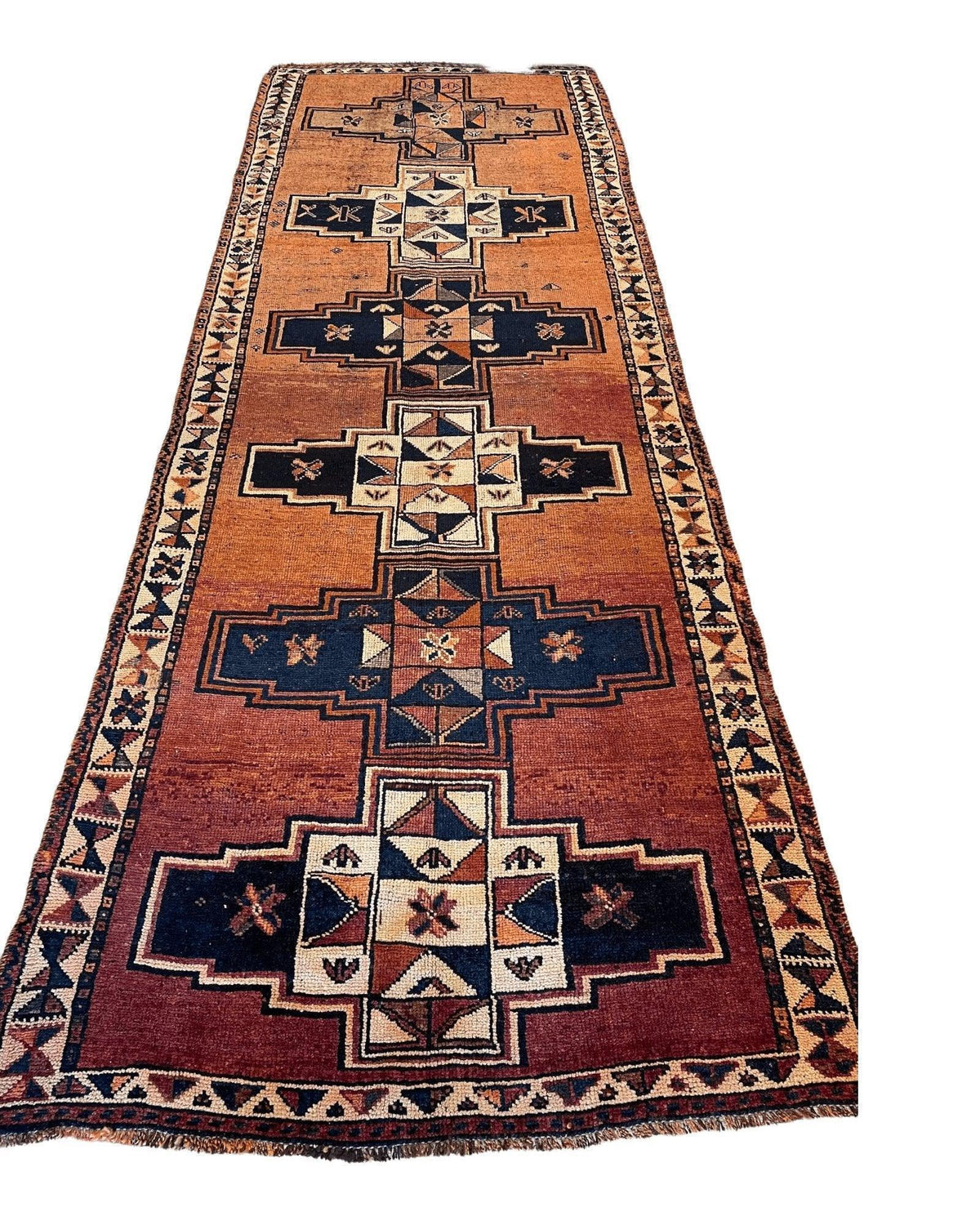 Antique Persian Veramin Runner 4x13 | Rust, Navy & Ivory | Hand-Knotted Wool - Rugistan