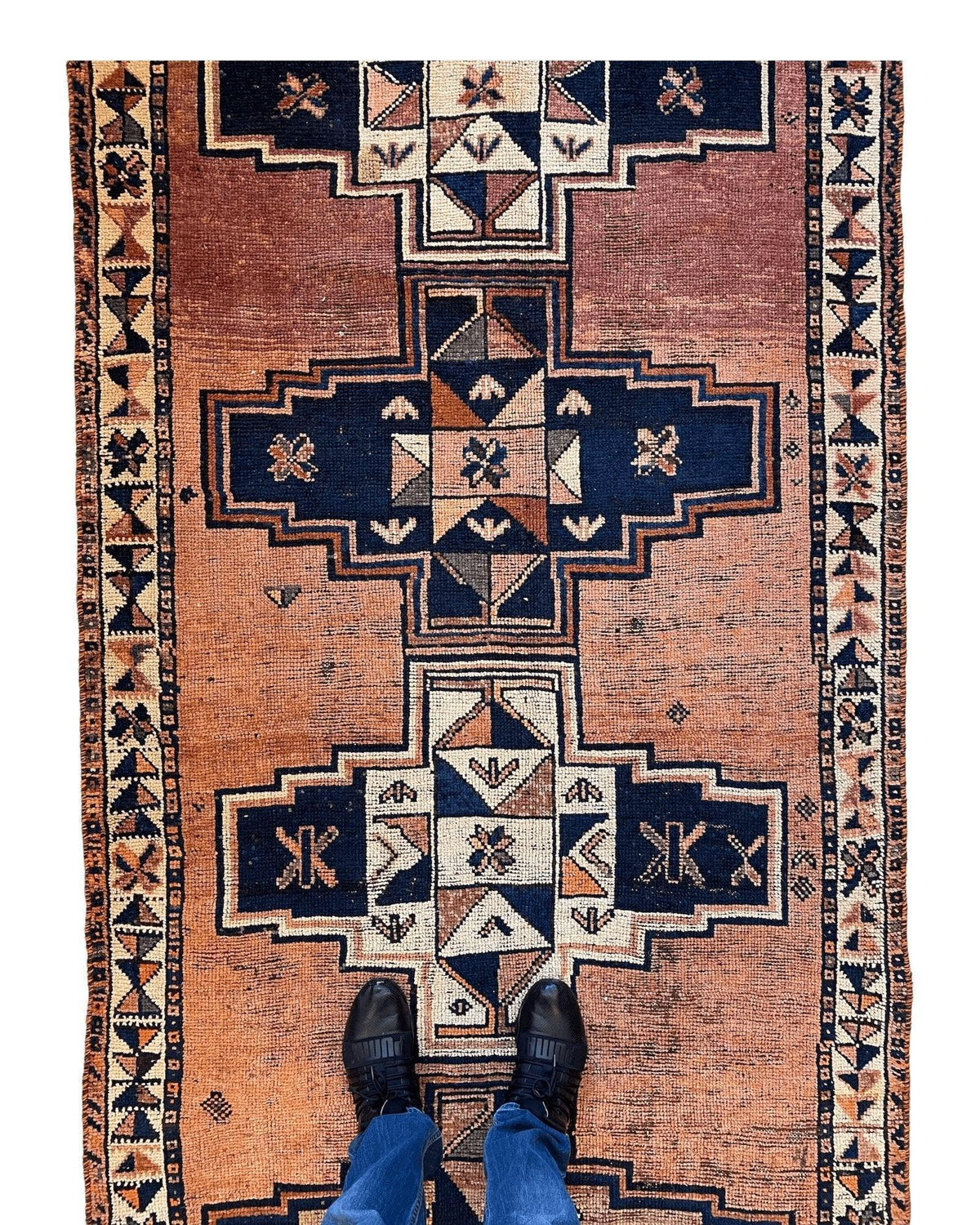 Antique Persian Veramin Runner 4x13 | Rust, Navy & Ivory | Hand-Knotted Wool - Rugistan, view 6