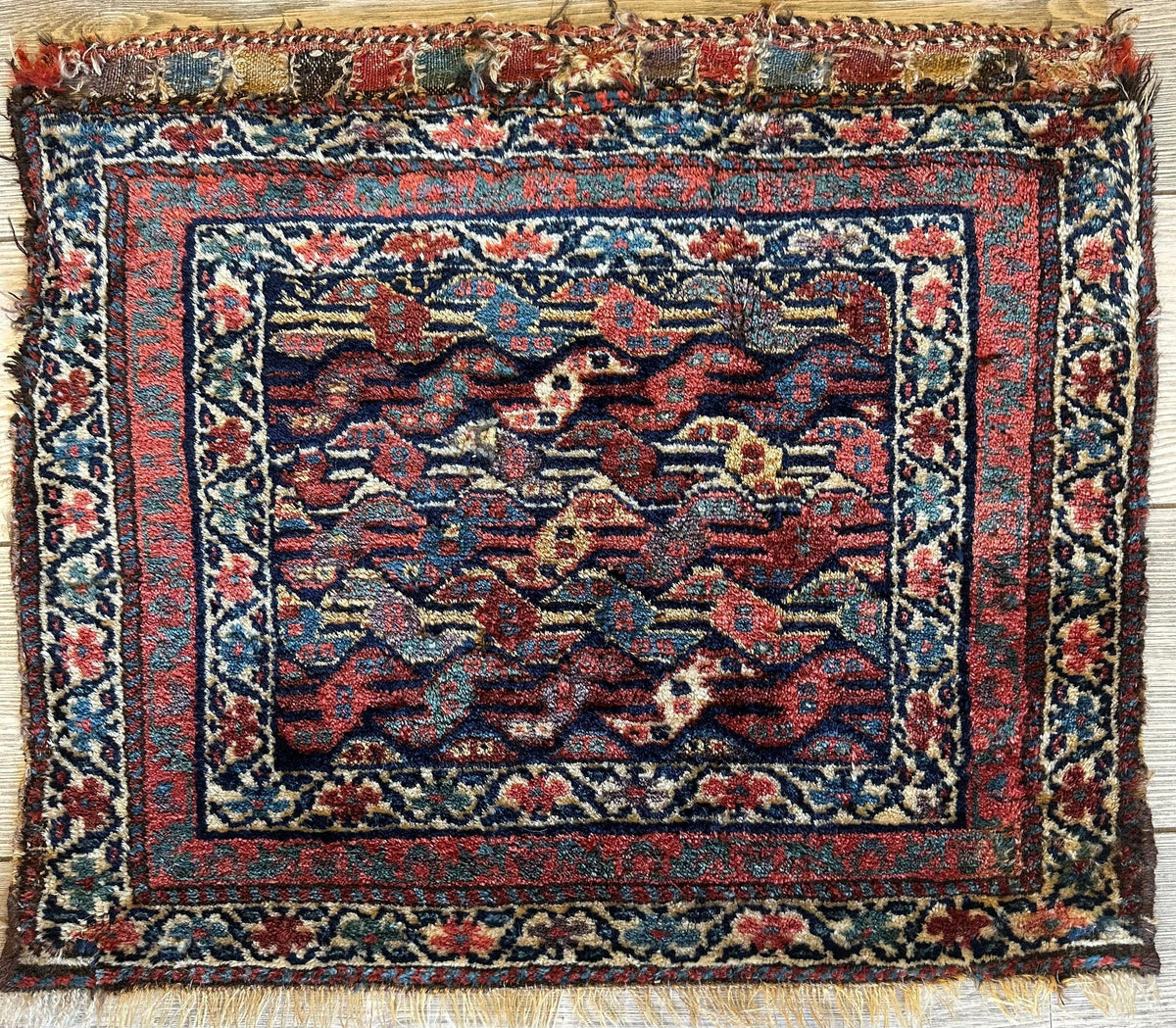 Antique Persian Kurdish Rug 2x2 | Navy, Red & Ivory | Hand-Knotted Wool - Rugistan