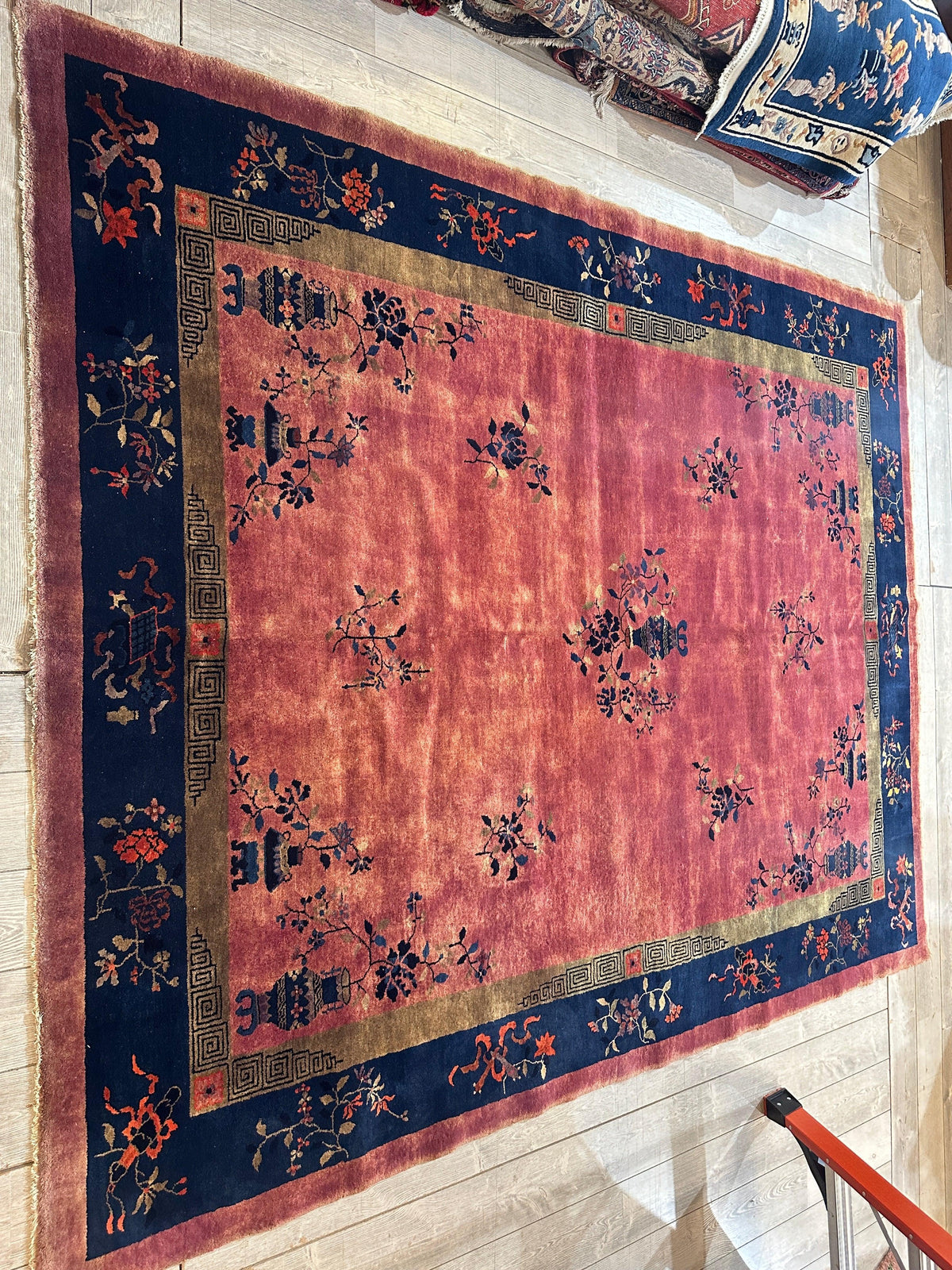 Antique Chinese Rug 8x10 | Pink, Navy & Gold | Hand-Knotted Wool - Rugistan, view 11