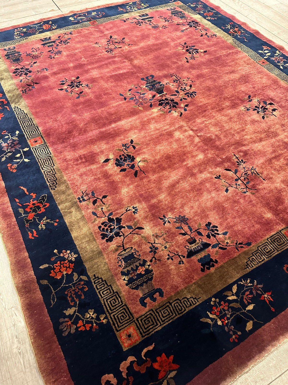 Antique Chinese Rug 8x10 | Pink, Navy & Gold | Hand-Knotted Wool - Rugistan, view 13