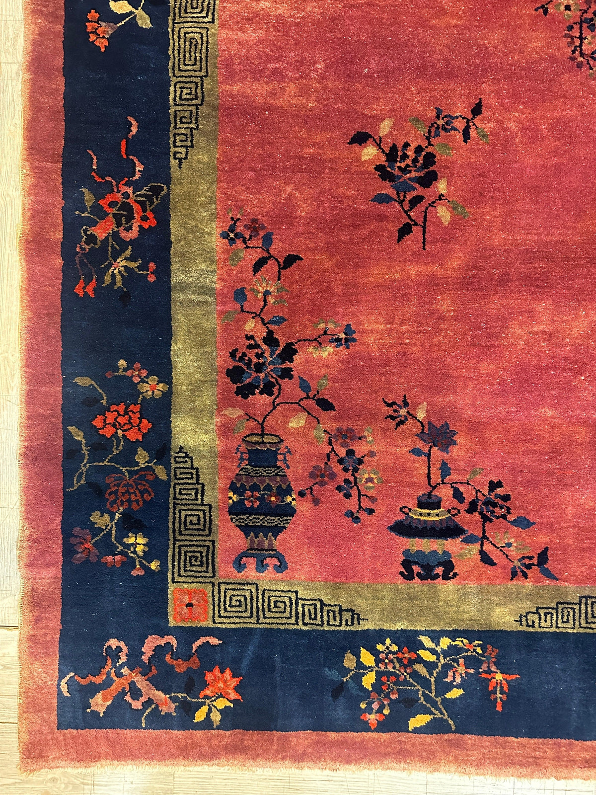 Antique Chinese Rug 8x10 | Pink, Navy & Gold | Hand-Knotted Wool - Rugistan, view 16