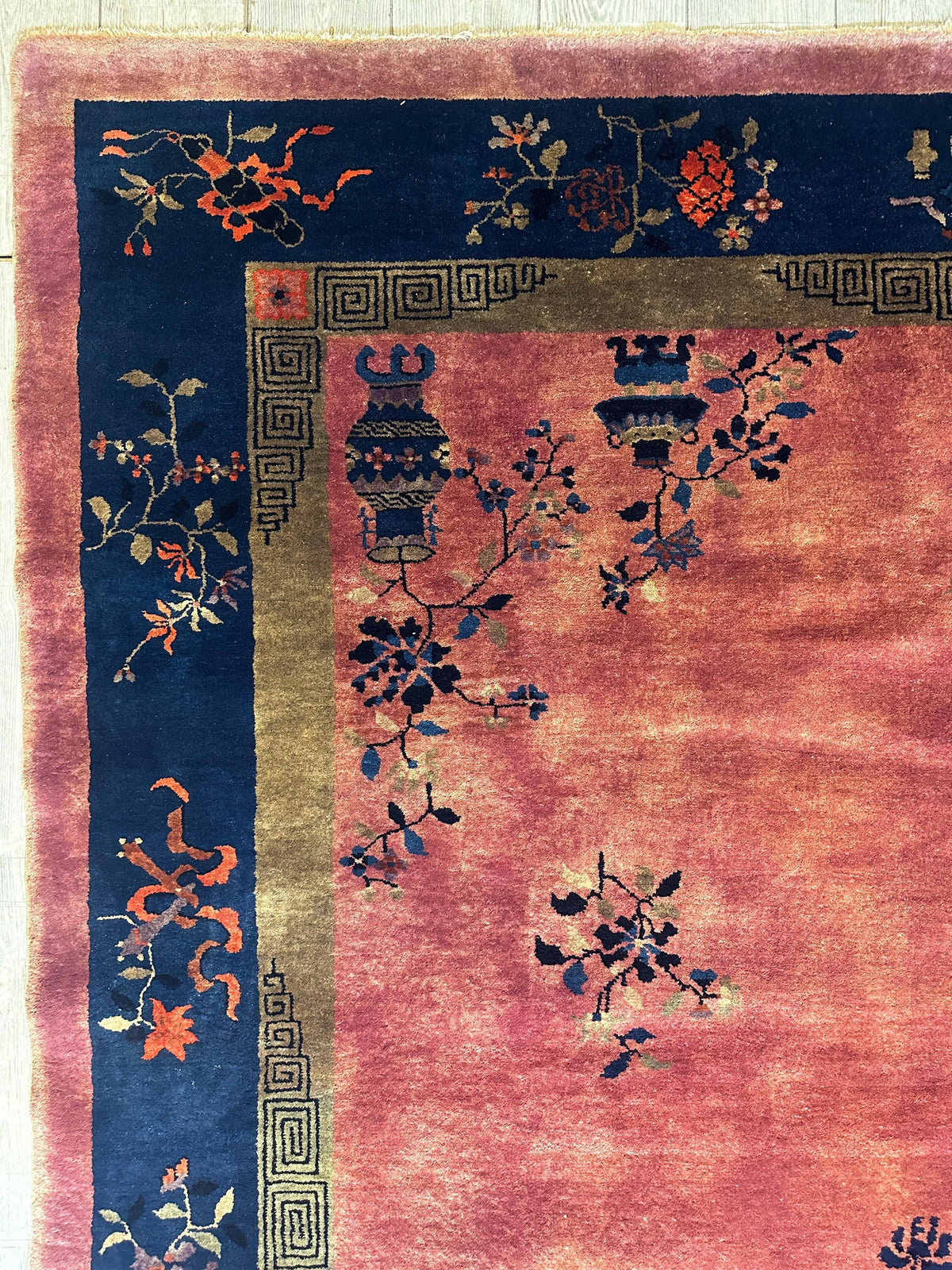 Antique Chinese Rug 8x10 | Pink, Navy & Gold | Hand-Knotted Wool - Rugistan, view 18