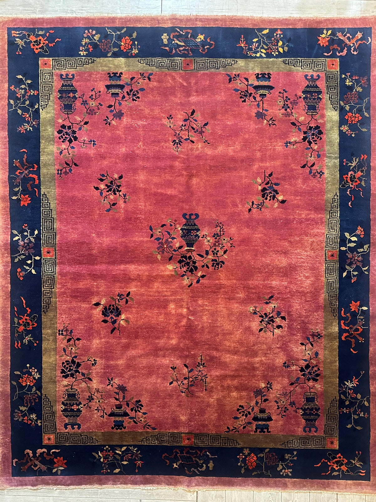 Antique Chinese Rug 8x10 | Pink, Navy & Gold | Hand-Knotted Wool - Rugistan, view 2