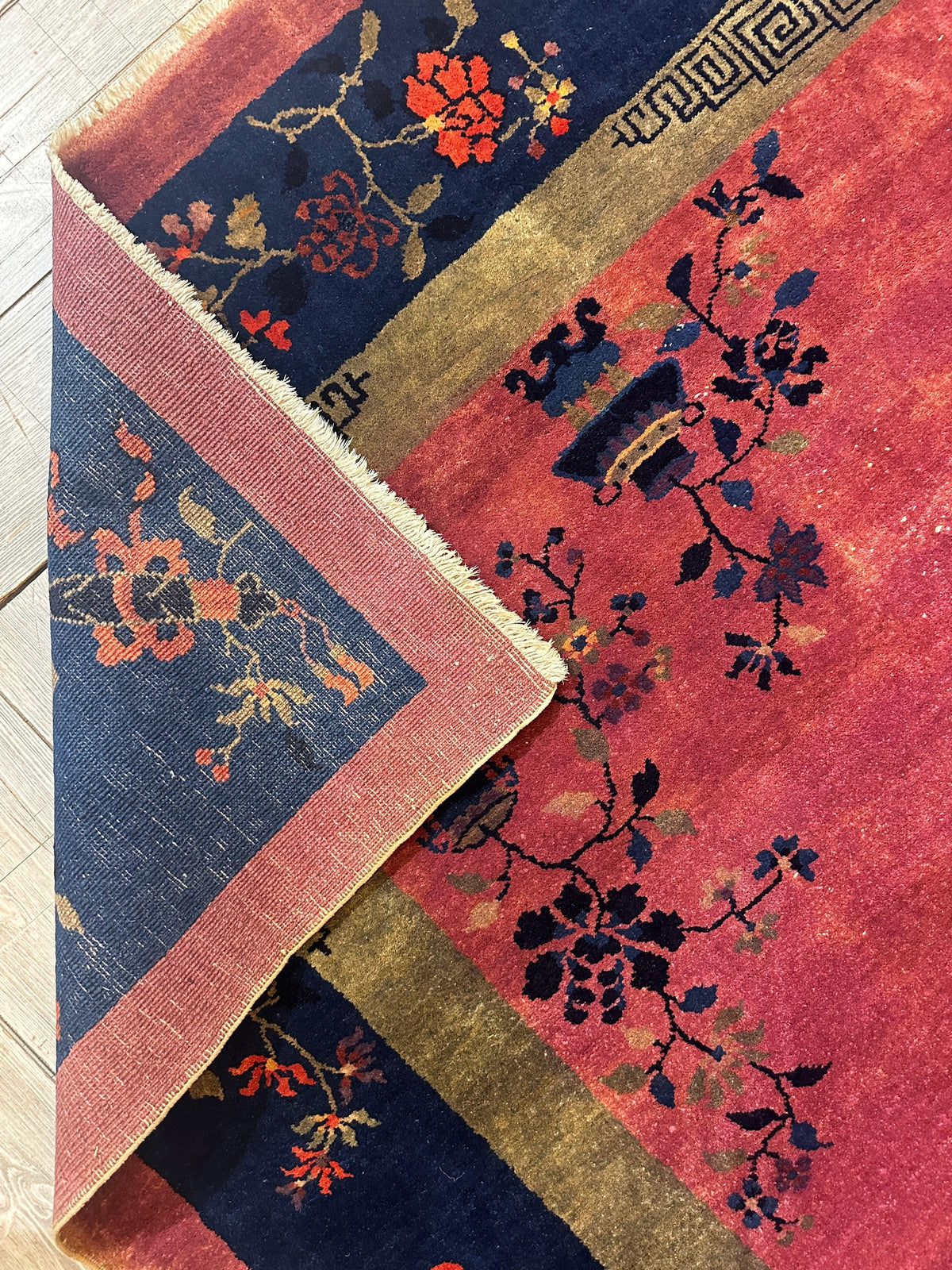 Antique Chinese Rug 8x10 | Pink, Navy & Gold | Hand-Knotted Wool - Rugistan, view 21