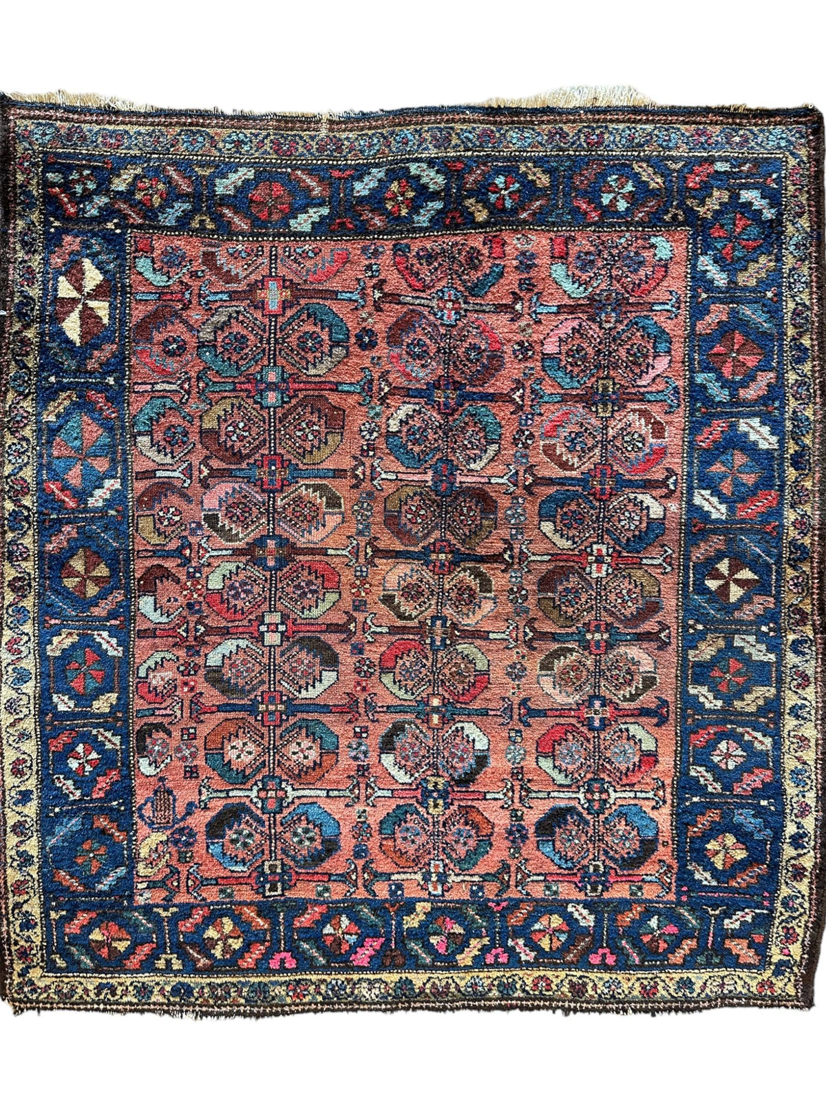 Antique Persian Hamadan Rug 4x4 | Rust, Navy & Blue | Hand-Knotted Wool - Rugistan