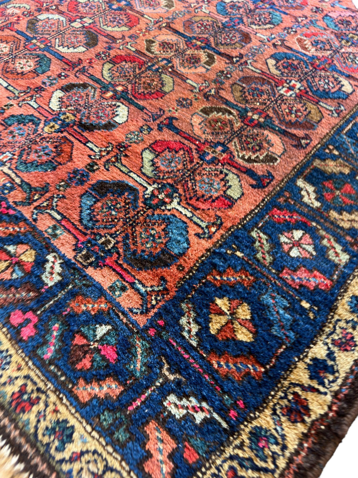 Antique Persian Hamadan Rug 4x4 | Rust, Navy & Blue | Hand-Knotted Wool - Rugistan, view 2
