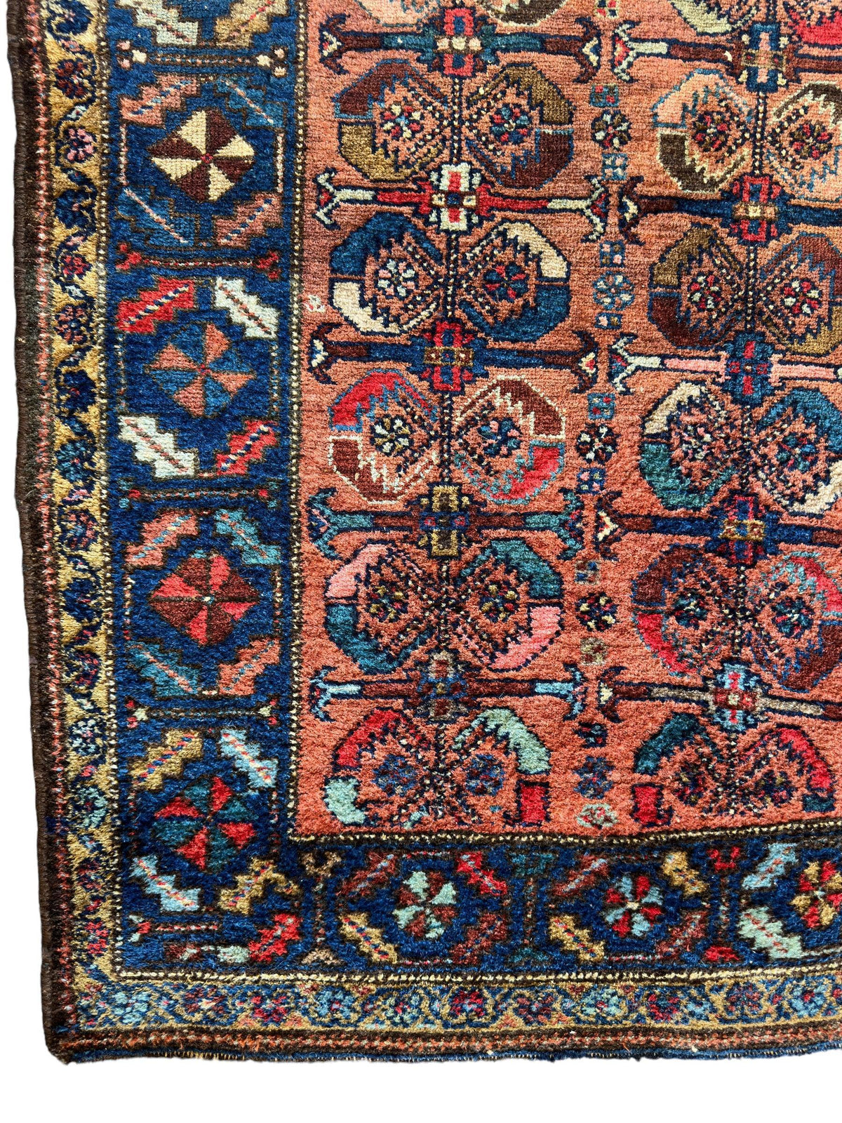 Antique Persian Hamadan Rug 4x4 | Rust, Navy & Blue | Hand-Knotted Wool - Rugistan, view 4