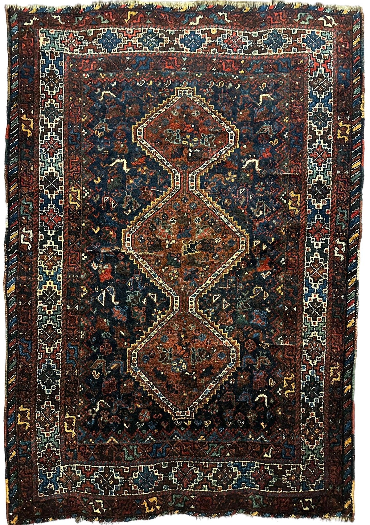 Antique Persian Rug 4x6 | Navy, Rust & Ivory | Hand-Knotted Wool - Rugistan