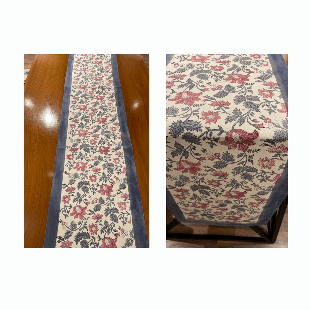 Antique Rose & Bluish Charcoal Hand Block Printed 13 pieces Table Linen Set — House of Avana, view 2 of 14