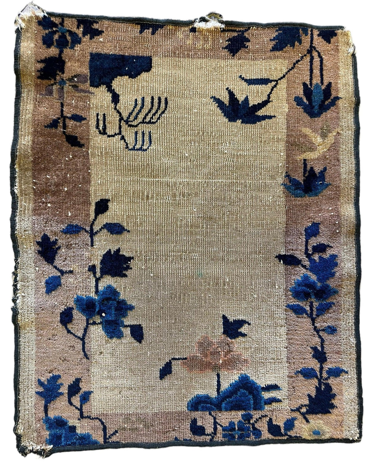 Antique Chinese Rug 2x3 | Beige, Brown & Navy | Hand-Knotted Wool - Rugistan