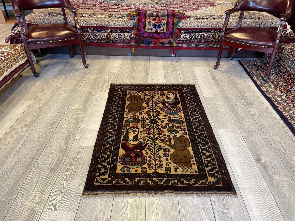 Vintage Afghan Baluch Rug 3x4 | Beige, Brown & Ivory | Hand-Knotted Wool - Rugistan, view 3