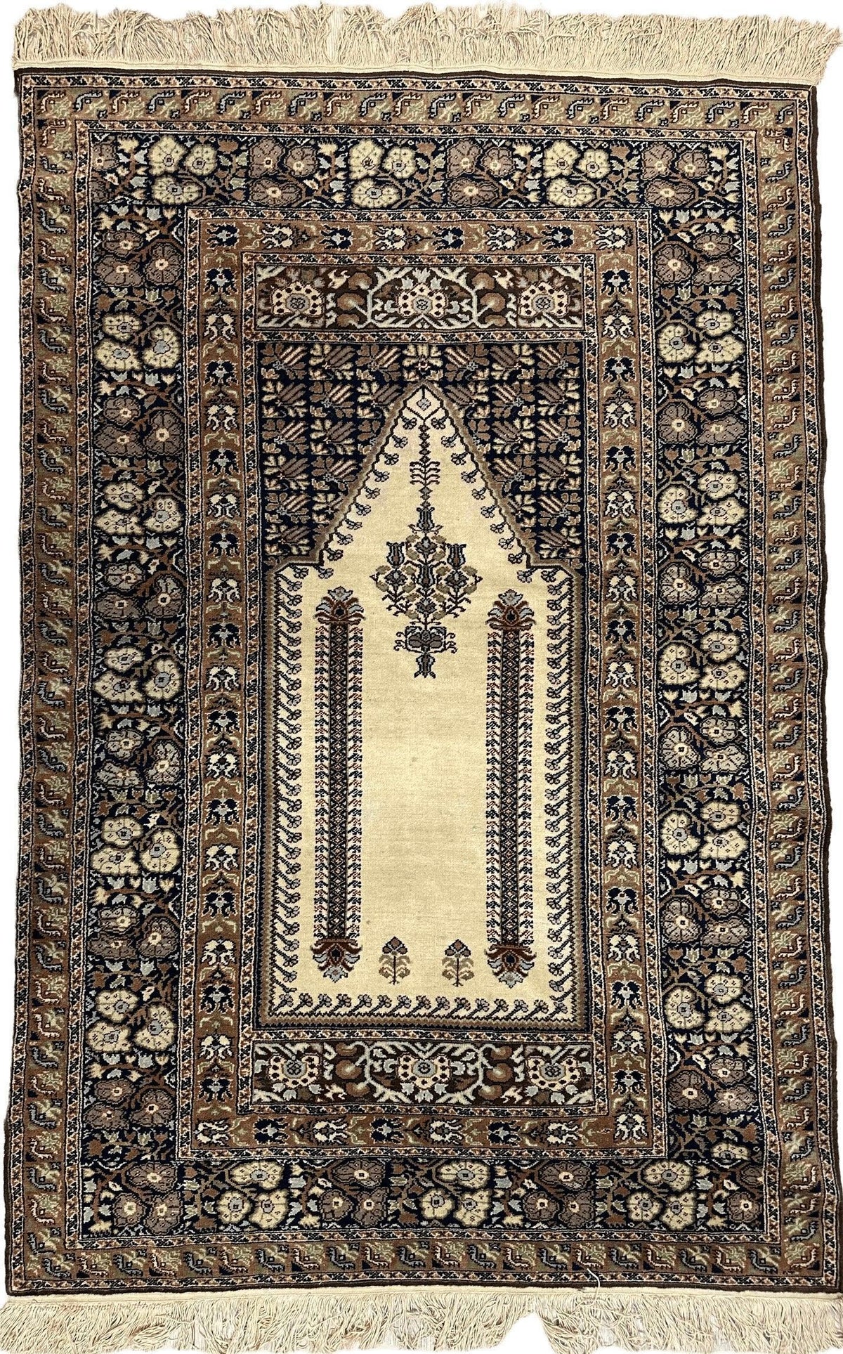 Antique Turkish Prayer Rug 4x6 | Brown, Beige & Ivory | Hand-Knotted Wool - Rugistan