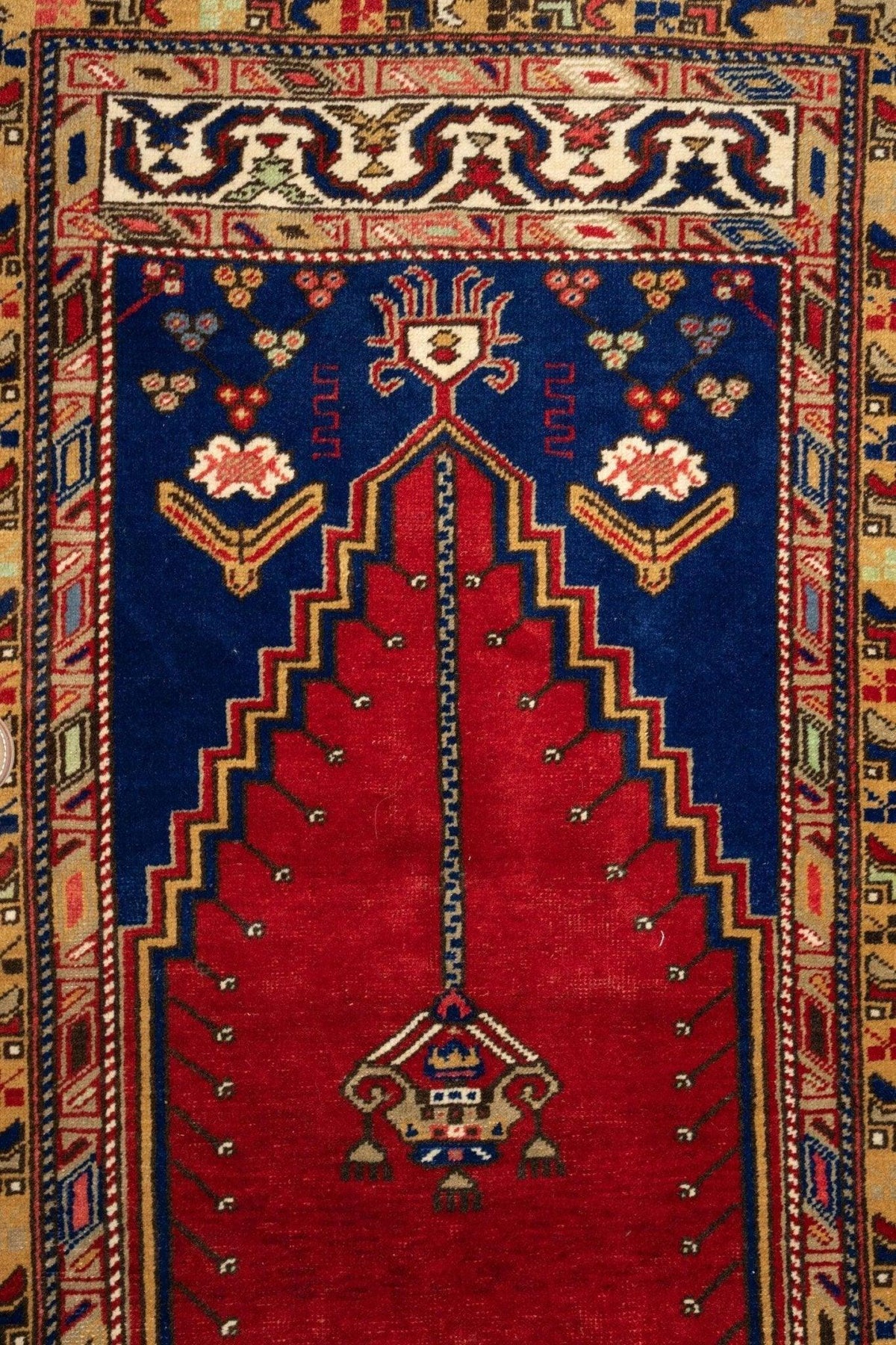 Vintage Turkish Prayer Rug 4x6 | Red, Navy & Gold | Hand-Knotted Wool - Rugistan, view 2