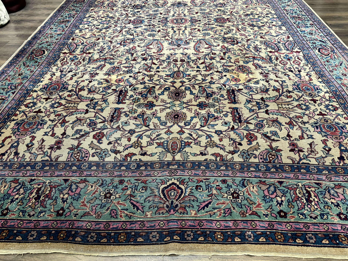Antique Persian Rug 10x15, Camel and Cyan, Allover Pattern, Rare, Samarkand Rug - Jewel Rugs, view 5