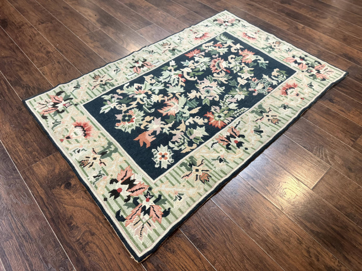 Vintage American Needlepoint Rug 4x6, Dark Green, Wool, Handmade, Flatweave Carpet - Jewel Rugs, view 3