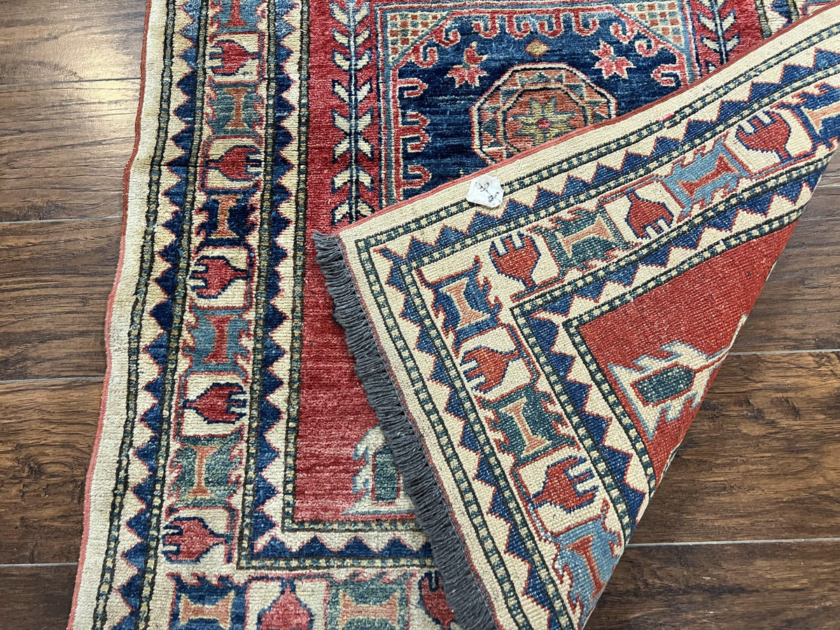 Turkish Kazak Rug 3x4, Wool Hand Knotted Small Vintage Carpet, Red Navy Blue, 3 x 4 Oriental Rug, Geometric Design - Jewel Rugs, view 11