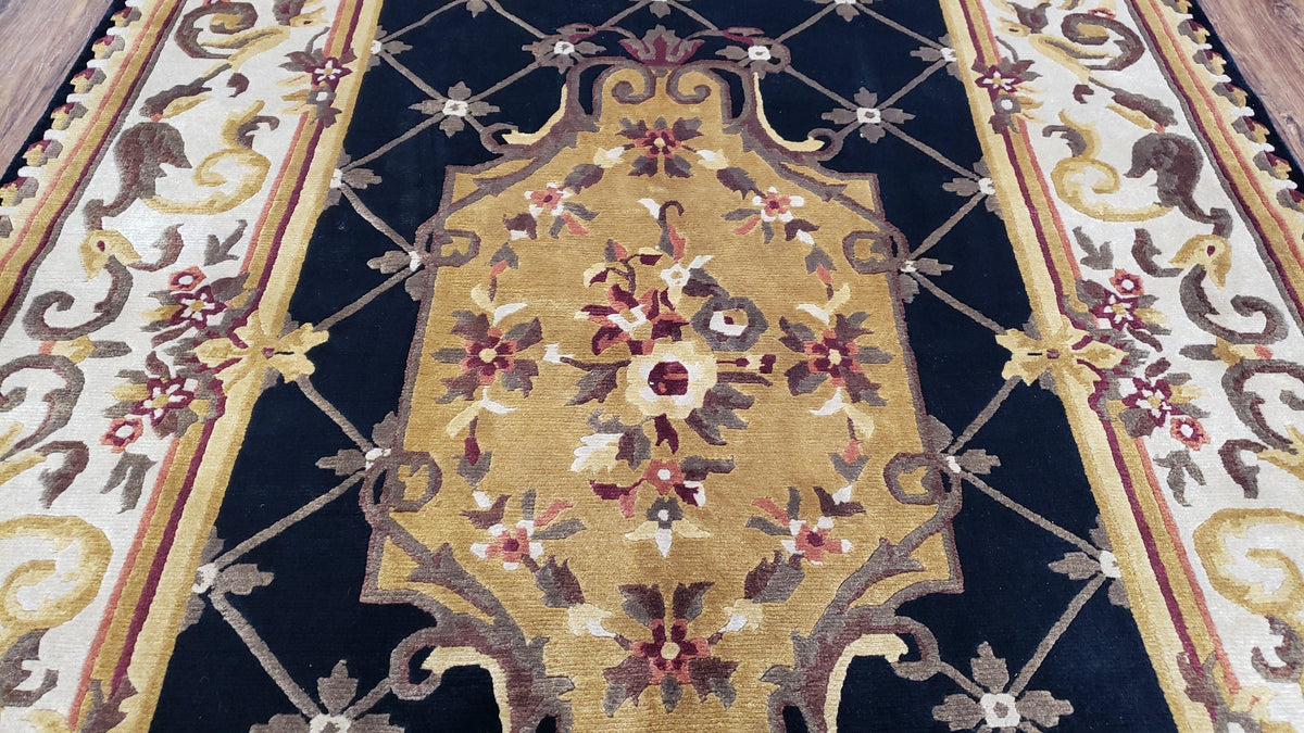 Nepal Rug 6x9, Nepalese Aubusson Area Rug 6 x 9, Hand-Knotted Wool Soft Pile Black & Beige Tibetan Aubusson New Carpet European Savonnerie - Jewel Rugs, view 5