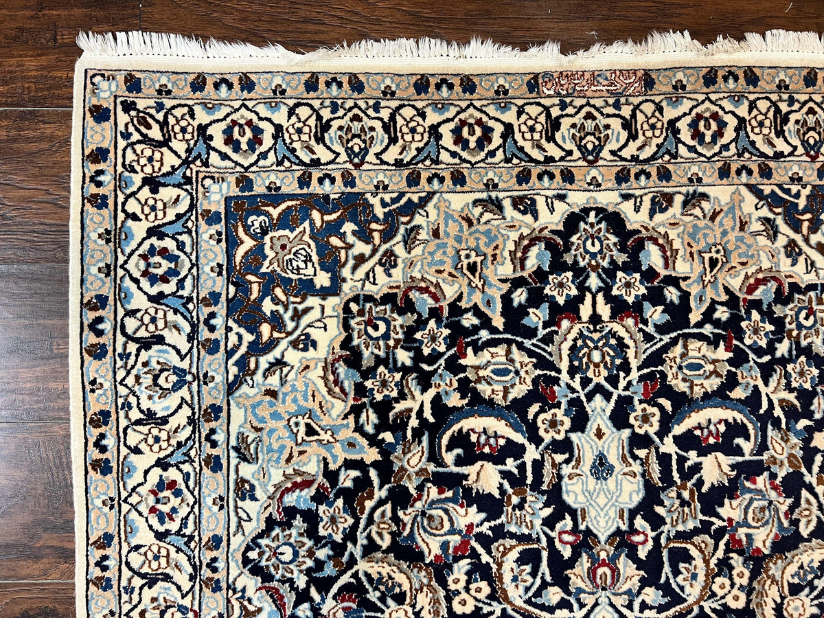 Persian Nain Rug 4x6, Floral, Hand Knotted Vintage Wool & Silk Highlights, Signature from Masterweaver, Navy Blue and Ivory - Jewel Rugs, view 7
