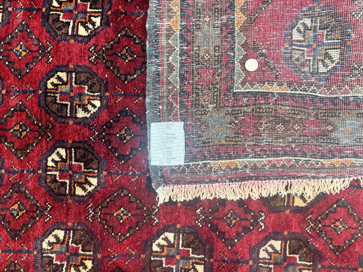 Persian Turkoman Tribal Rug 4x8, Handmade Vintage Wool Carpet, Red, Bohemian Rug - Jewel Rugs, view 12