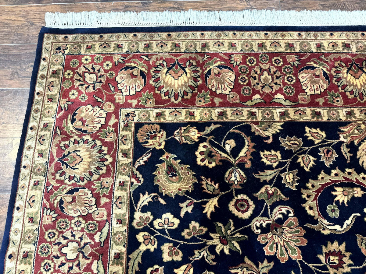 Indo Persian Rug 8x10, Navy Blue and Red, Floral Allover, Hand Knotted Vintage Wool Carpet, Indo Sarouk - Jewel Rugs, view 7