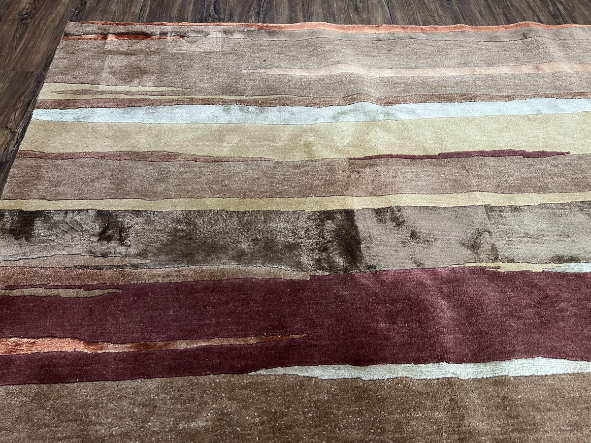 Modern Tibetan Rug 8x11 Nepali Carpet, Shiny Velvely Soft Wool and Silk, Contemporary Hand Knotted Rug, Striped Design, Wool Area Rug 8 x 11 - Jewel Rugs, view 7