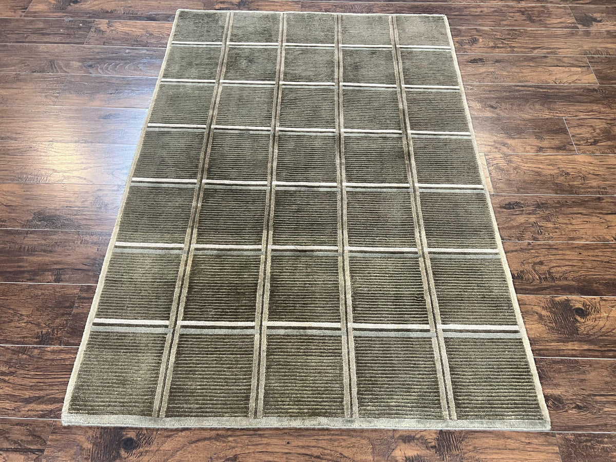 Tibetan Rug 4x6, Green Wool Handmade Area Rug 4 x 6, Panel Design, Modern Contemporary - Jewel Rugs, view 2