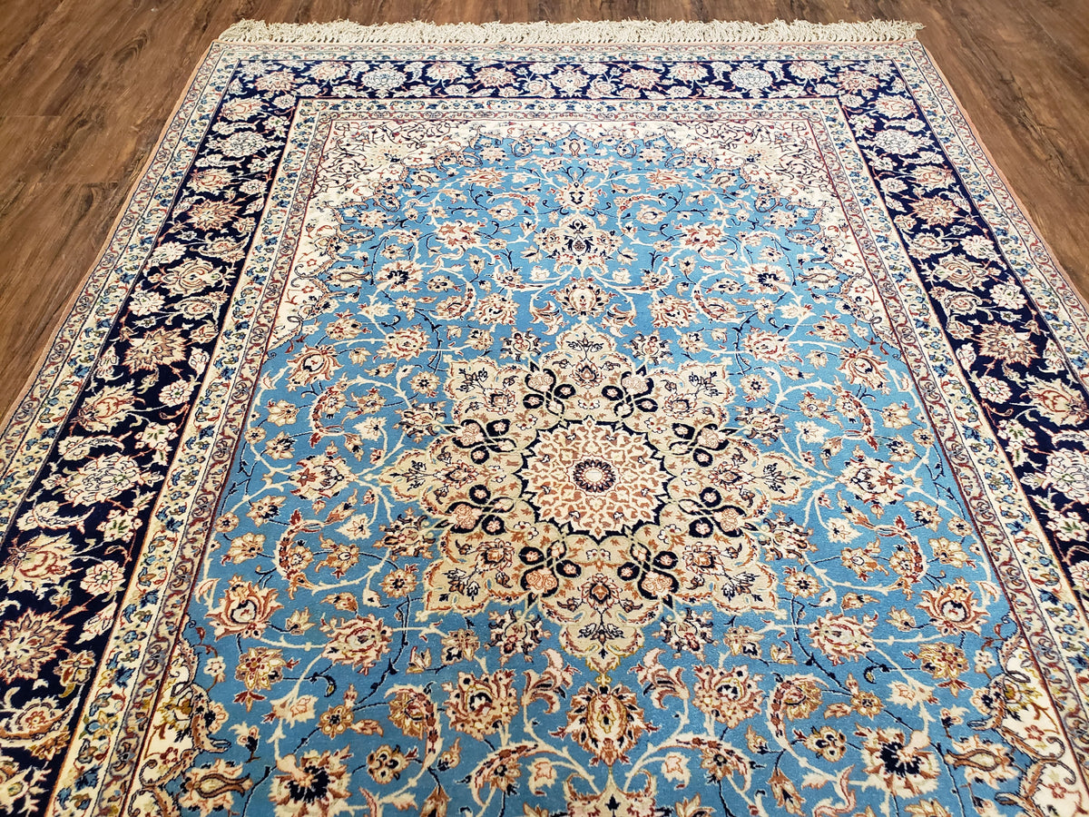Persian Isfahan Rug, Kork Wool on Silk Foundation, Sky Blue, Hand-Knotted, 5' 1" x 7' 8" - Jewel Rugs, view 3