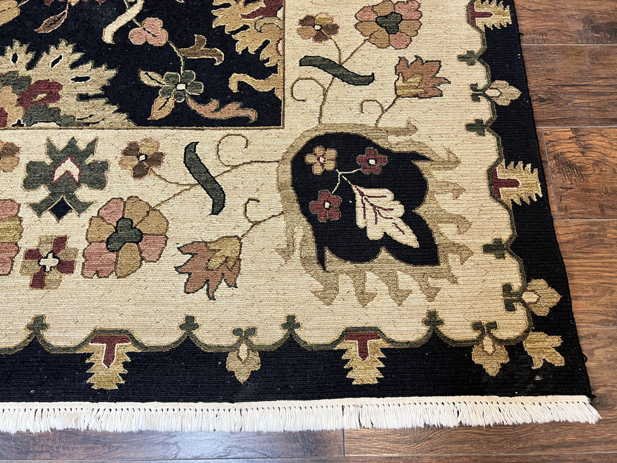 Indo Persian Rug 10x14, Wool Handmade Room Sized Floral Oriental Carpet, Indian Mahal Flatweave Rug, Black Beige - Jewel Rugs, view 10