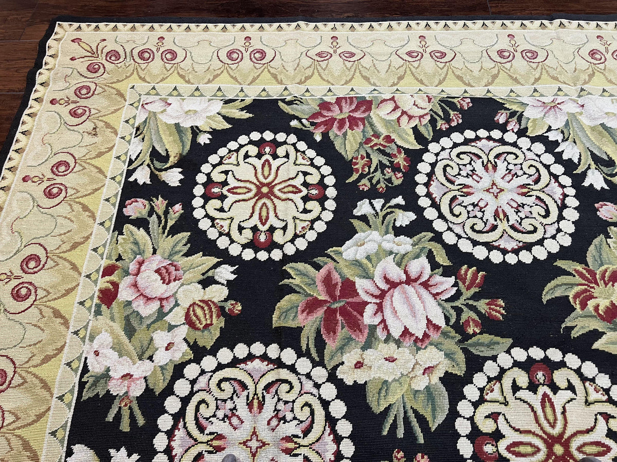 9x12 Black Needlepoint Rug, European Floral Panel Design, Handwoven, Vintage Chinese Needlepoint, Black Green Beige, Wool Rug 9 x 12 - Jewel Rugs, view 7