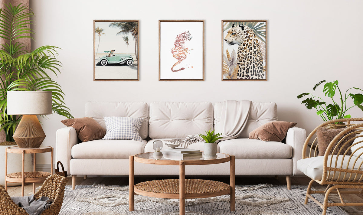 Sylvie Beaded Leopard in Car Beach Palms Framed Canvas by July Art Prints