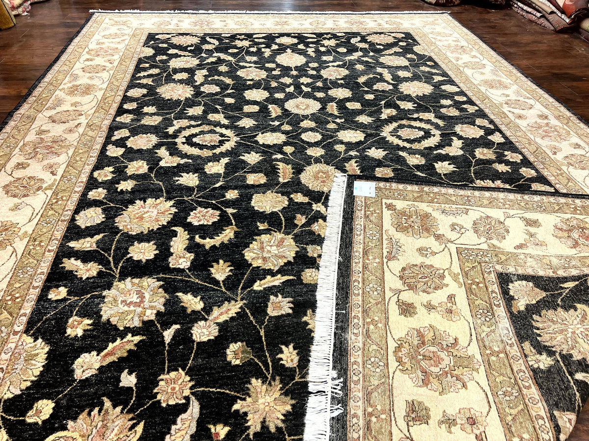 Indo Persian Rug 10x14, Charcoal and Beige, Floral Allover, Handmade Vintage Wool Carpet - Jewel Rugs, view 12