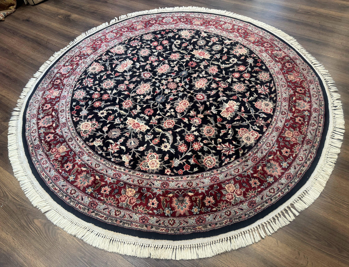 Round Sino Persian Rug 6x6, Floral, Navy Blue and Red, Wool and Silk Highlights - Jewel Rugs, view 2