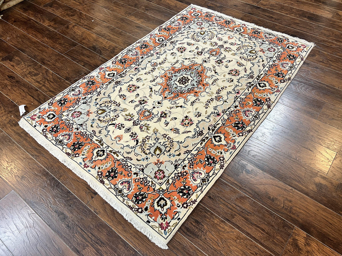 Persian Tabriz Rug 4.5  x 6.8, Finely Hand Knotted Wool with Silk Highlights Vintage Oriental Carpet, Cream and Salmon, High KPSI, Floral Medallion - Jewel Rugs, view 3