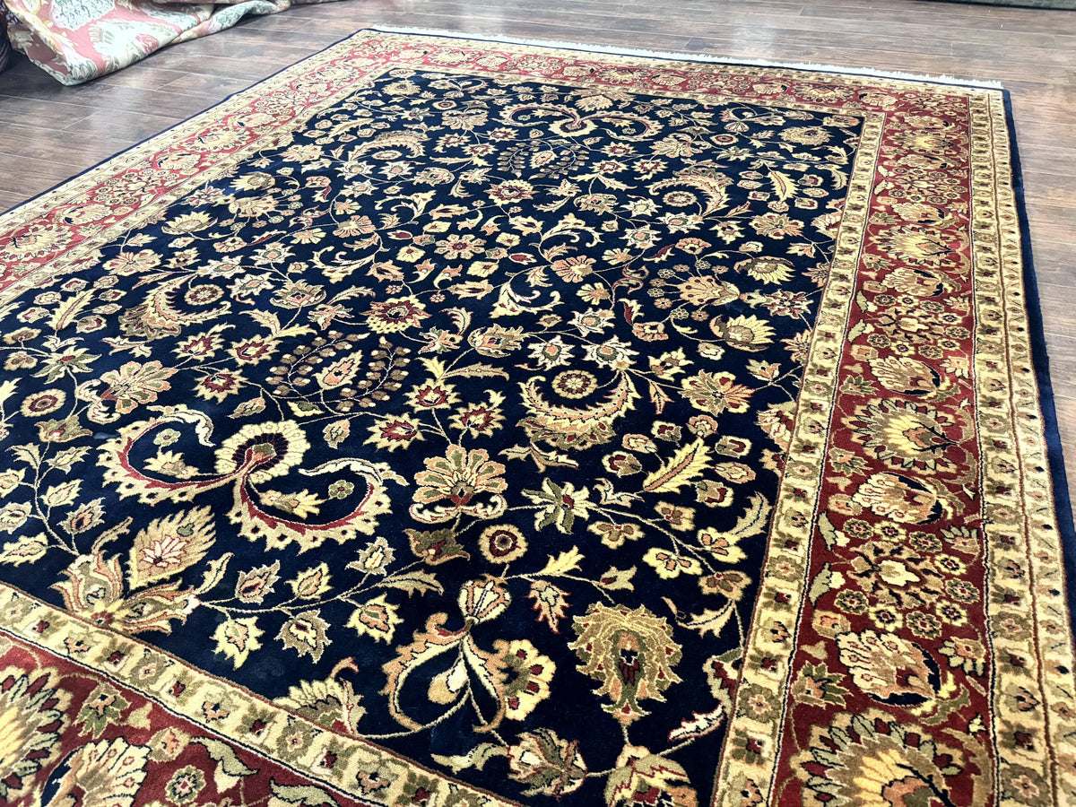 Indo Persian Rug 8x10, Navy Blue and Red, Floral Allover, Hand Knotted Vintage Wool Carpet, Indo Sarouk - Jewel Rugs, view 3