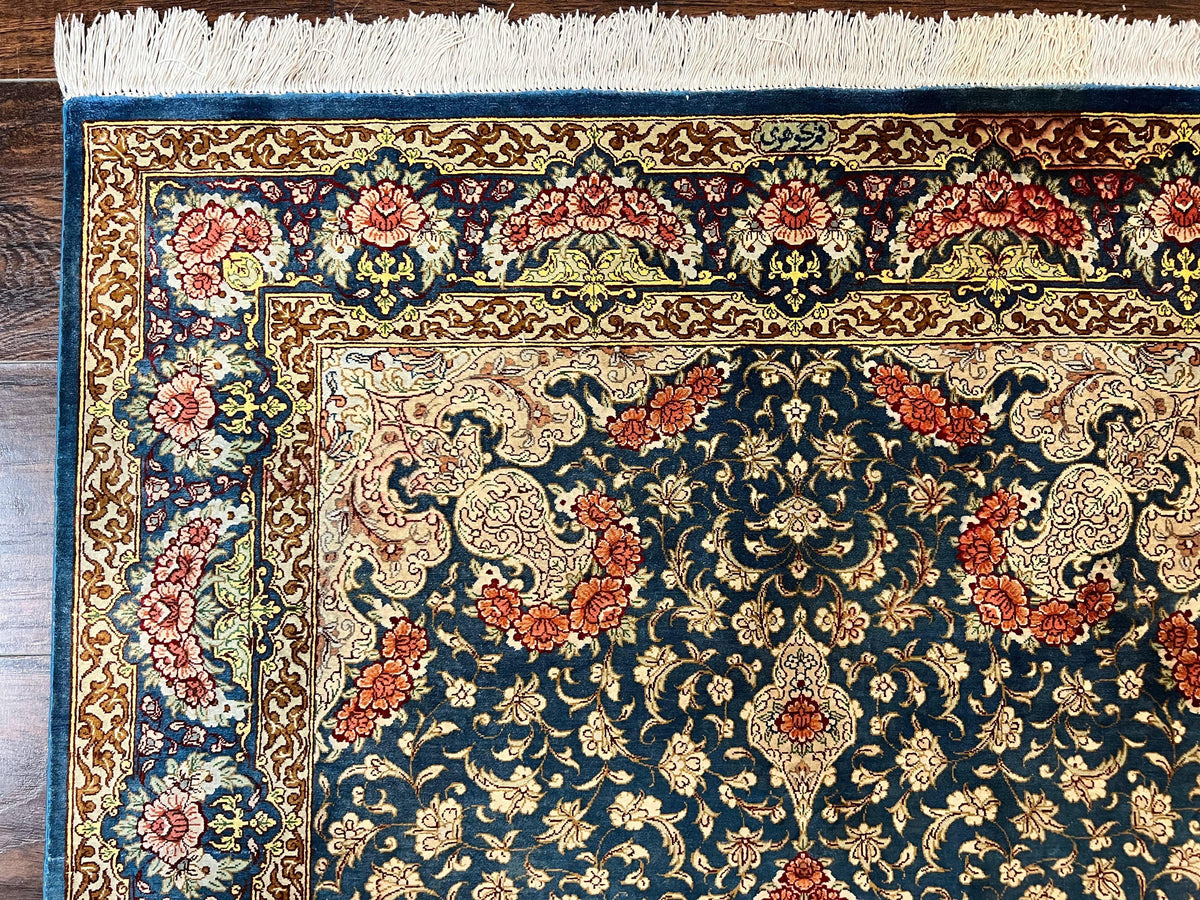 Magnificent Persian Qum Silk Rug 3x5, Blue, Super Fine 675 KPSI - 70 Raj, Floral Roses, Handmade Vintage Silk Carpet, Masterpiece - Jewel Rugs, view 6