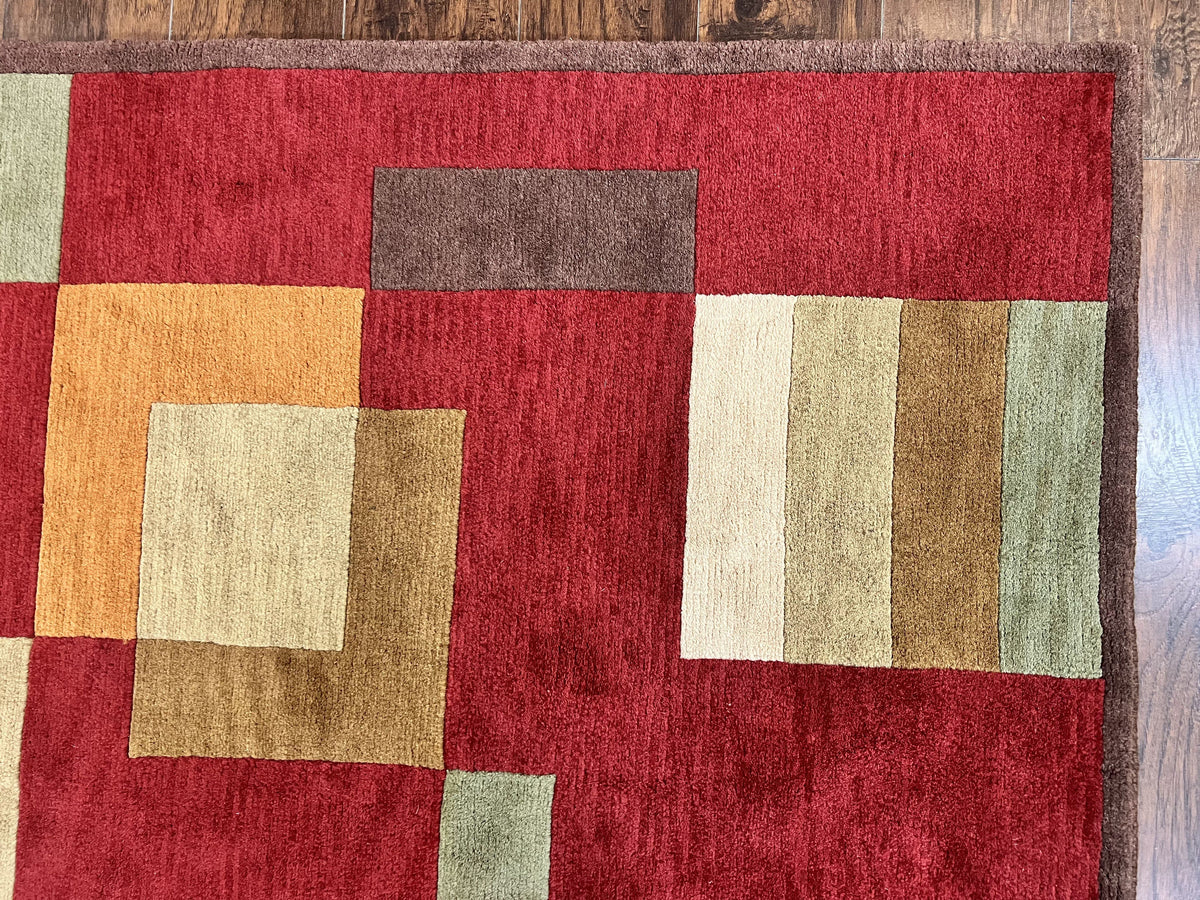 Indo Tibetan Modern Rug 5x8, Abstract Rug 5 x 8 ft, Red Multicolor Wool Handmade Contemporary Area Rug - Jewel Rugs, view 8