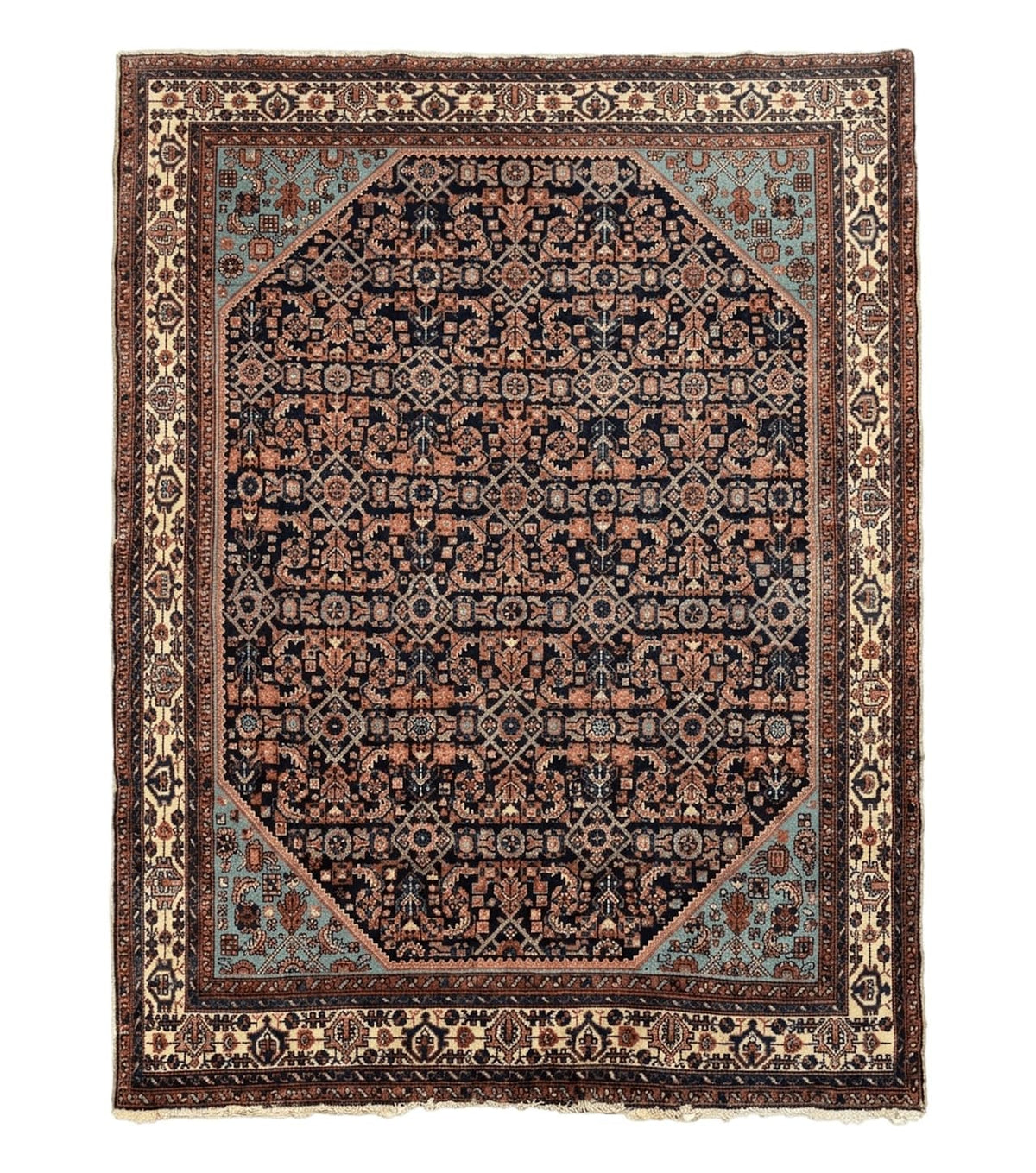 Antique Persian Rug 5 x 6.7, Navy Blue & Ivory, Handmade Persian Wool Carpet, Hamadan Angelas Rug - Jewel Rugs