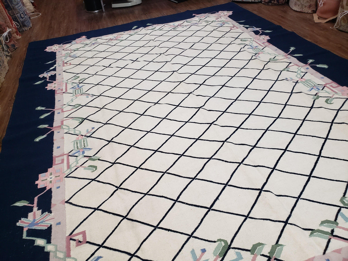 Vintage Dhurrie Rug, Indian Dhurrie 8x11 - 9x11, Wool Hand-Woven Ivory & Black Indo Carpet, Large Flat Weave Rug Living Room Rug Black White - Jewel Rugs, view 12