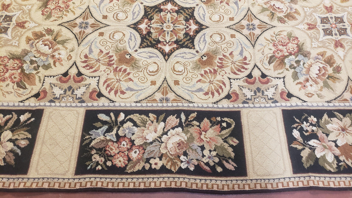 Needlepoint Rug 8x10ft Allover European Design Flowers 100% Wool Hand Knotted Aubusson Area Rug Brand New Flatweave Needle Point Carpet Chic - Jewel Rugs, view 13