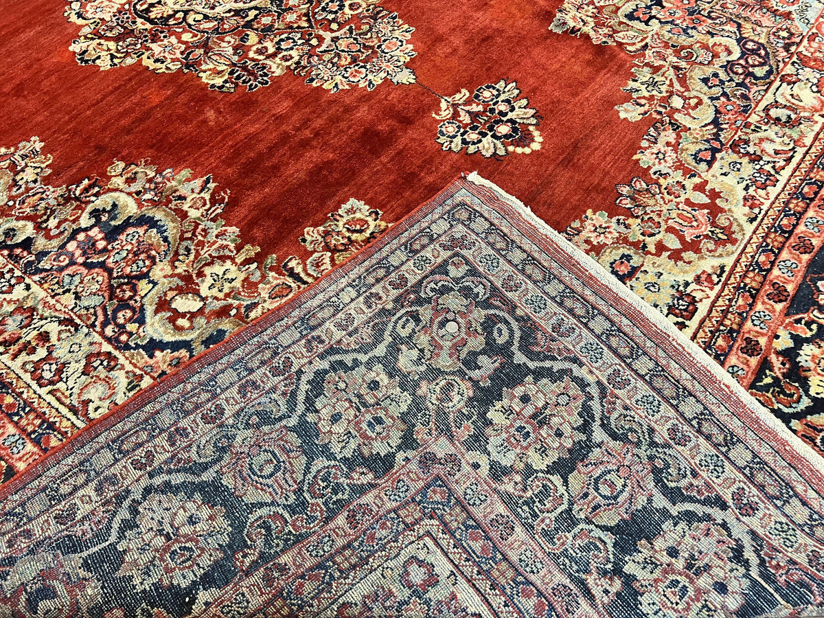 Persian Sarouk Rug 11x14, Semi Open Field, Large Antique Persian Wool Handmade Carpet, Red and Dark Blue, Floral - Jewel Rugs, view 10