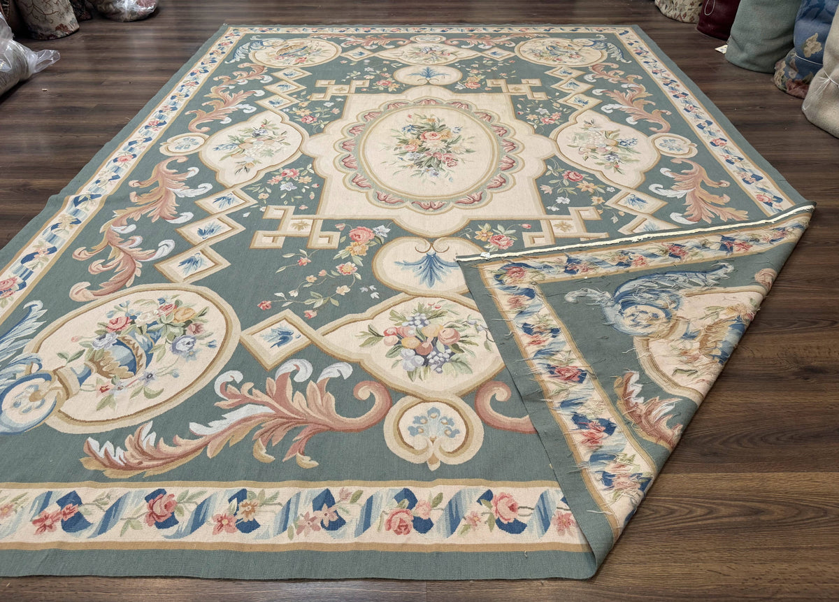 Aubusson Rug 9x12, Muted Sage Green and Cream, European Design - Jewel Rugs, view 12