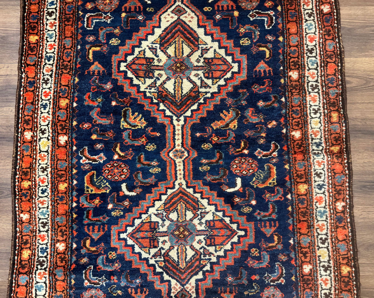 Antique Persian Hamadan Rug 4x6, Geometric, Double Medallions, Navy Blue, Tribal Carpet - Jewel Rugs, view 5