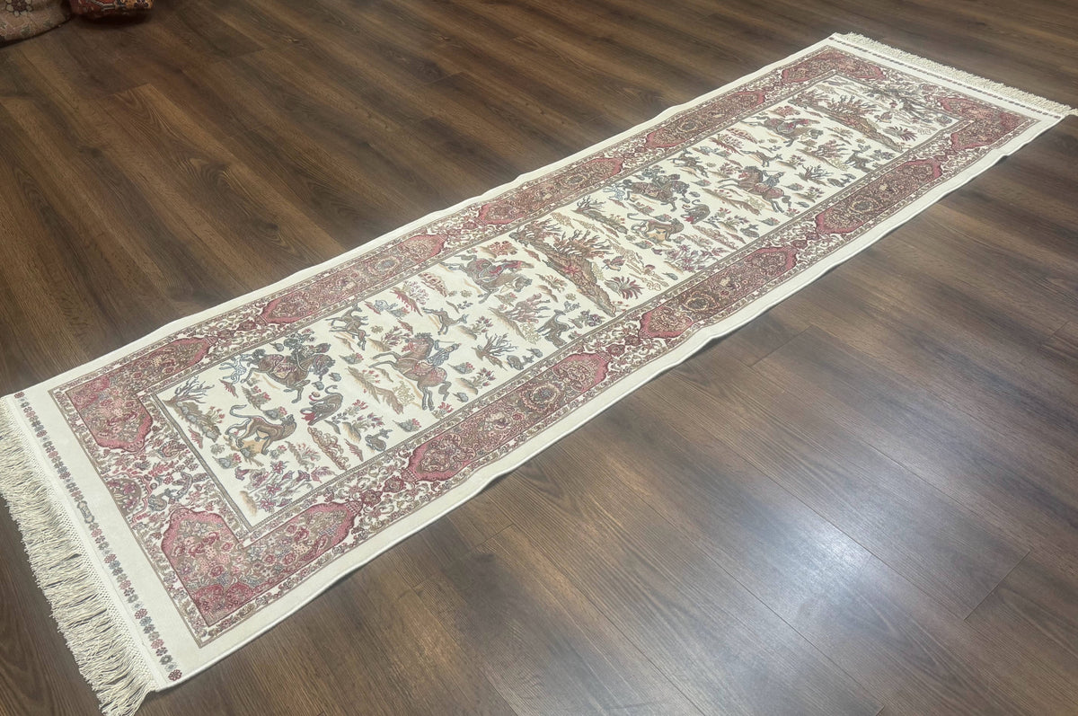 Turkish Silk Runner Rug 2.6 x 8, Hunting Design, Ivory, Bamboo Silk, New - Jewel Rugs, view 3