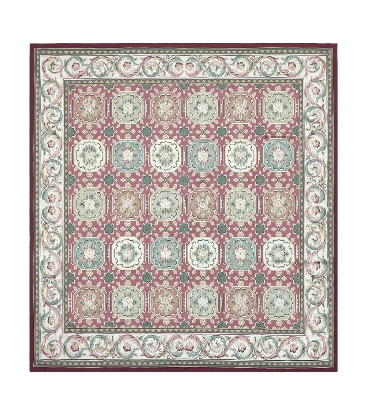 Square Aubusson Rug 9x9, Panel Design, European French English Carpet, Wool - Jewel Rugs