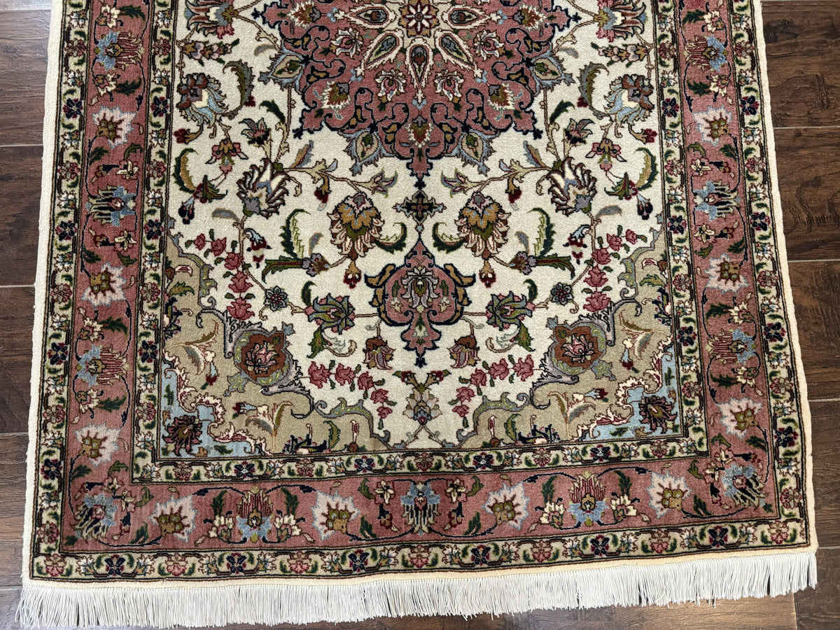 Fine Persian Tabriz Rug 3x5, Floral Medallion, 340 KPSI, Ivory Salmon - Jewel Rugs, view 6