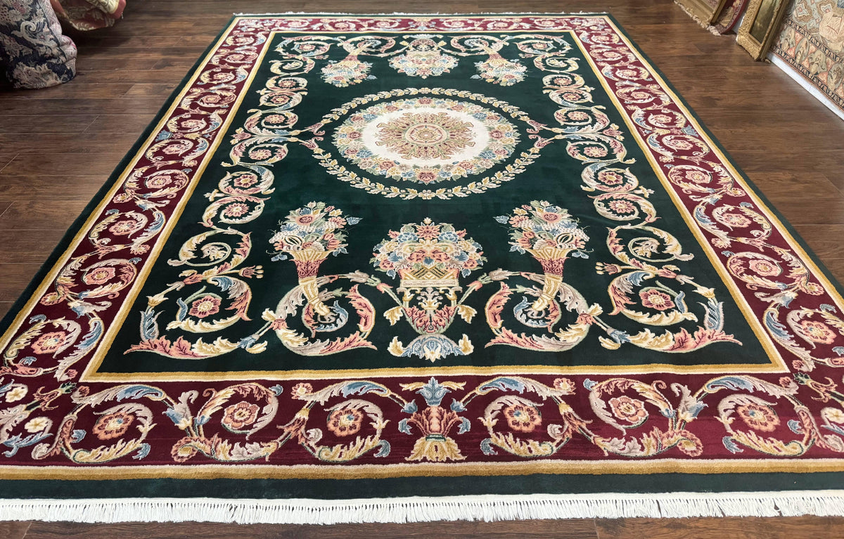 Aubusson Rug 9x12, Dark Green, European Design, Vintage Fine Handmade Carpet, Elegant - Jewel Rugs, view 2