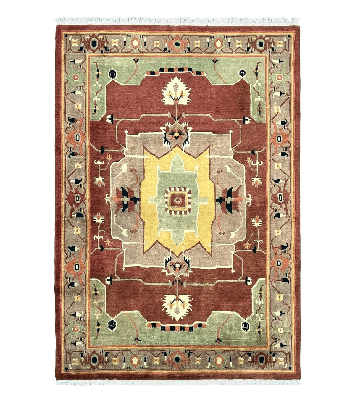 Tibetan Rug 7x10, Geometric Medallion, Red Green Taupe, Hand Knotted, Soft Wool Area Rug, Contemporary Carpet, Handmade Nepali Rug 7 x 10 ft - Jewel Rugs