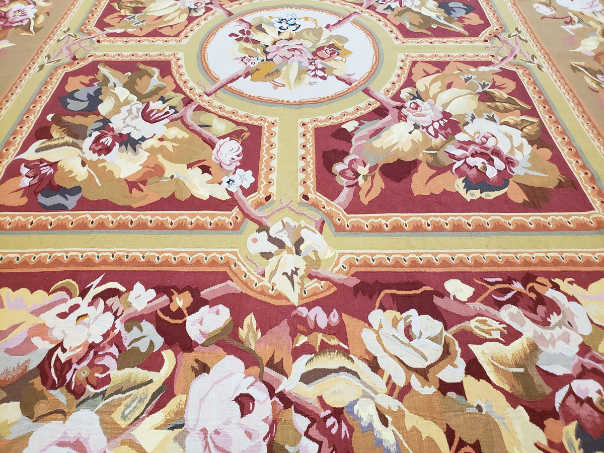 Vintage Chinese Aubusson Savonnerie Flat Pile Rug 9.9 x 14.5 Wool Handwoven Red & Khaki Large Flowers Rug 9x14 - 10x15 Michaelian Kolhberg - Jewel Rugs, view 12