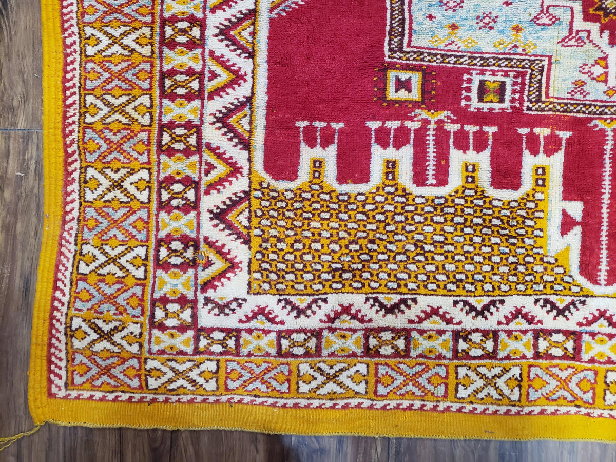 Vintage Moroccan Rug 6x10, Red and Yellow Moroccan Carpet, Handmade Bohemian Tribal Area Rug, Hand-Knotted 1970s Wool Rug, Medalions - Jewel Rugs, view 9